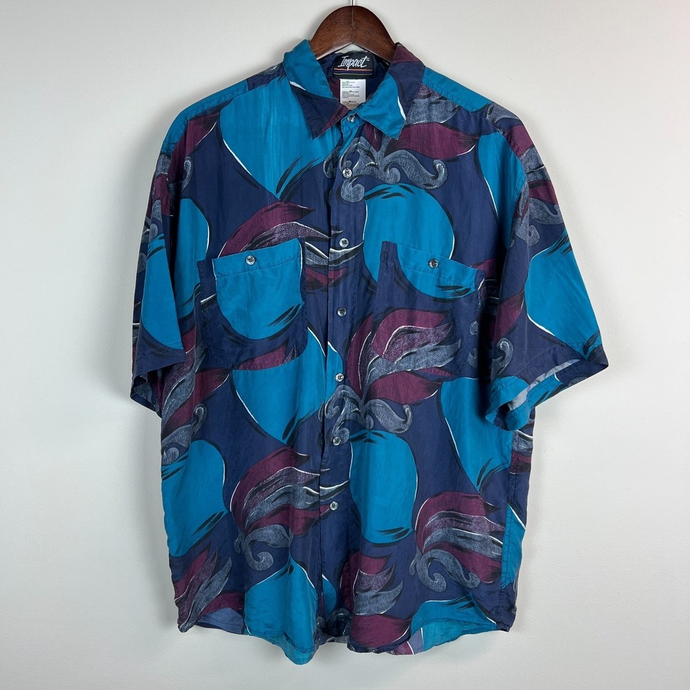Impact‎ 100% Silk Shirt Mens Medium Blue Abstract Button Up Short Sleeve Vintage